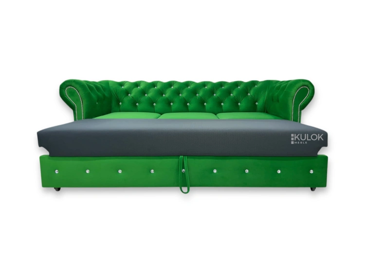 Zielona sofa glamour Magic Velvet 2291 – pikowane oparcie i kryształki