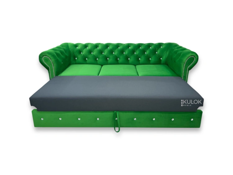 Ekskluzywna sofa Chesterfield w jaskrawej zieleni – 3-osobowa kanapa