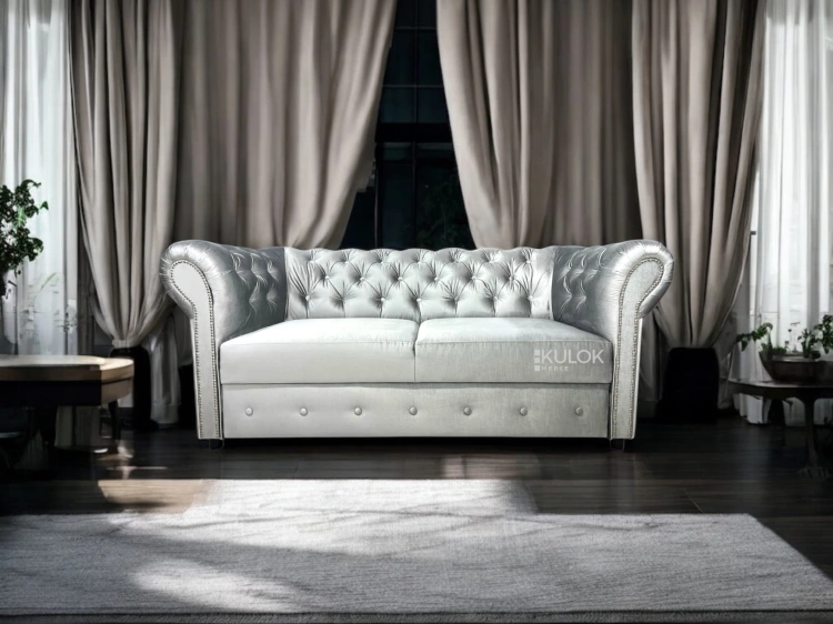 Sofa Chesterfield Srebrna Kemer 801 – Sofa z Lśniącym Materiałem