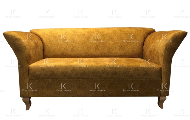 Nowoczesna sofa do salonu w stylu skandynawskim na wysokich nogach orzech w imitacji skóry.