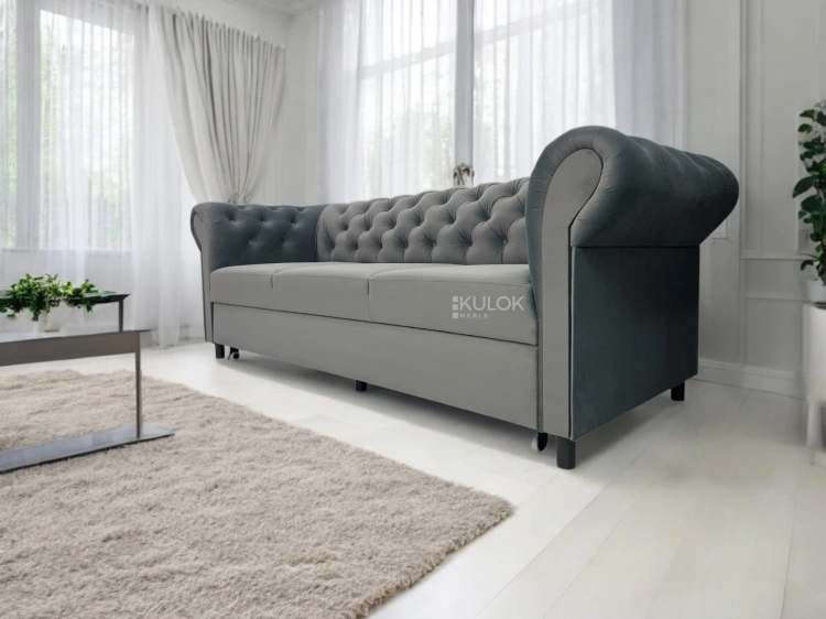 Sofa Chesterfield Monaco 225 cm z funkcją spania delfin – elegancki wybór do salonu