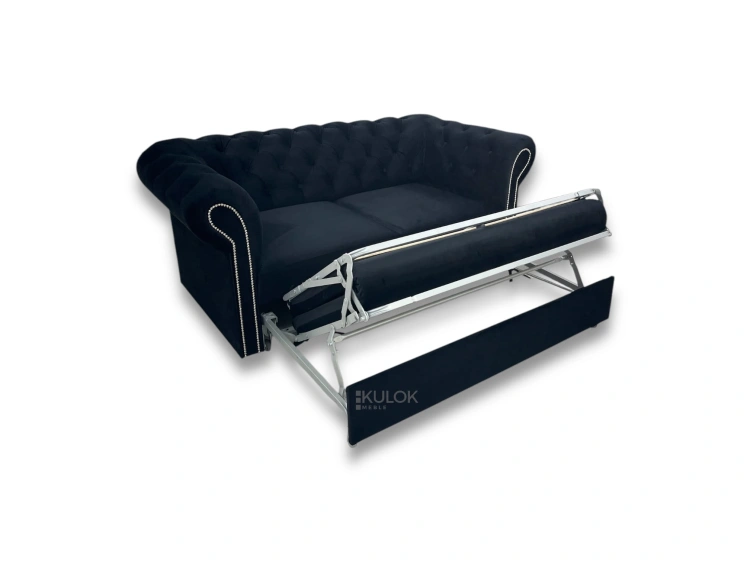 Rozkładana sofa Chesterfield z funkcją spania belgijską – metalowa rama z mechanizmem do codziennego użytku