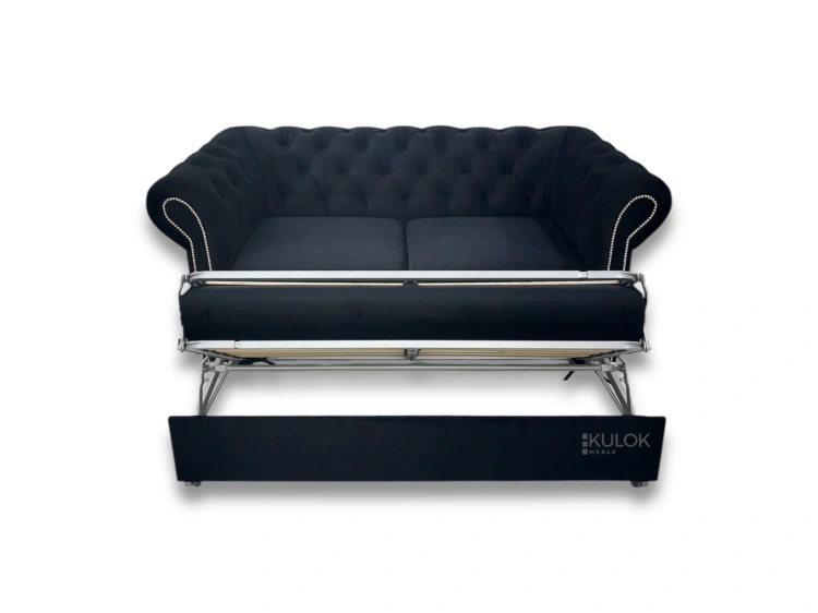 Sofa Chesterfield czarna – przekrój w pionie prezentujący układ sprężyn, materaca i stelaża belgijskiego