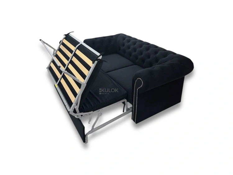Sofa Chesterfield z funkcją spania – przekrój poziomy prezentujący konstrukcję wnętrza mebla