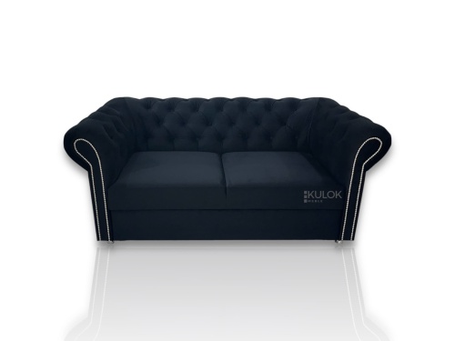Sofa Chesterfield z podniesionym materacem belgijskim – czarna tkanina velvet, złote dodatki