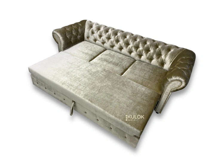 Ekskluzywna sofa Chesterfield złota do salonu – 3 osobowa z funkcją spania