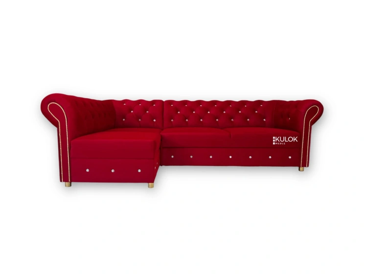 Narożnik Chesterfield Primavera czerwony glamour z funkcją spania i złotymi dodatkami