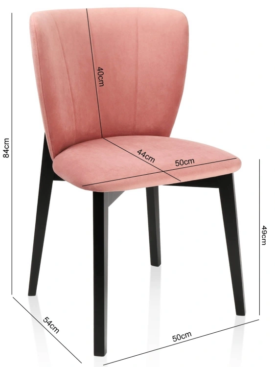 Krzesło welurowe Rose różowe z czarnymi nogami – pełne wymiary: 84 cm wysokości, 50 cm szerokości, 54 cm głębokości