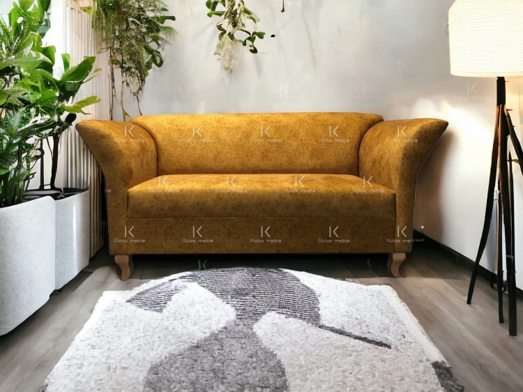 Nowoczesna sofa do salonu w stylu skandynawskim na wysokich nogach orzech w imitacji skóry. Salon nowoczesny loft.