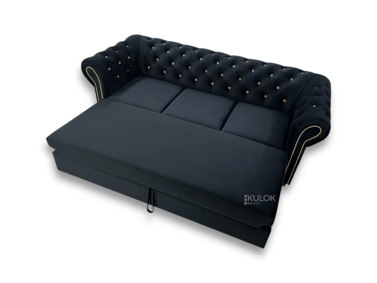 elegancka sofa chesterfield 3-osobowa z funkcją spania czarny welur