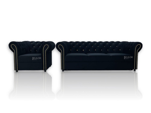 zestaw chesterfield sofa tokio i fotel czarny velvet z kryształami