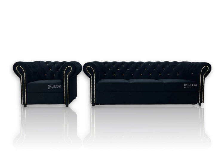 zestaw chesterfield sofa tokio i fotel czarny velvet z kryształami