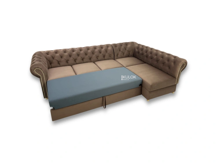 sofa narożna Chesterfield Magic Velvet z pojemnikiem i funkcją spania polski producent