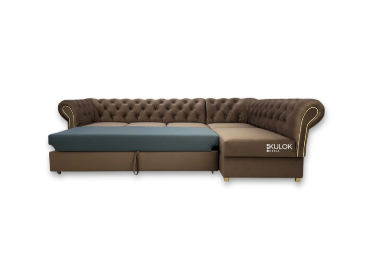 prawostronny narożnik rozkładany Chesterfield velvet brązowy 260x160 cm