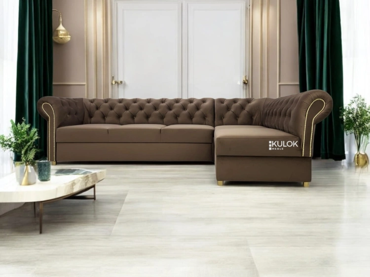 Narożnik velvet do salonu z guzikami i ćwiekami – polska produkcja