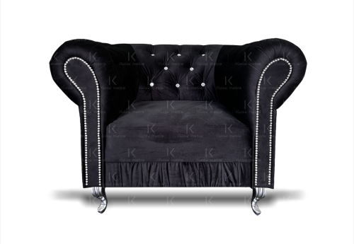 Czarny Fotel Glamour Chesterfield - Pikowany Kryształkami, Fresh 17 Velvet z efektem marszczenia i nogami Ludwik.