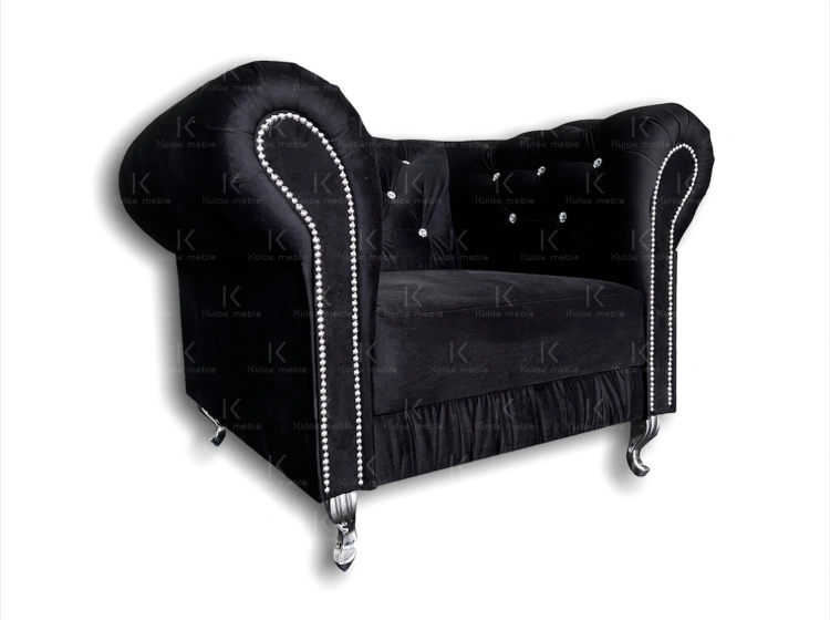 Elegancki Fotel glamour Chesterfield z Kryształkami - Luksus w Czarnym Velvet Ludwik nogi