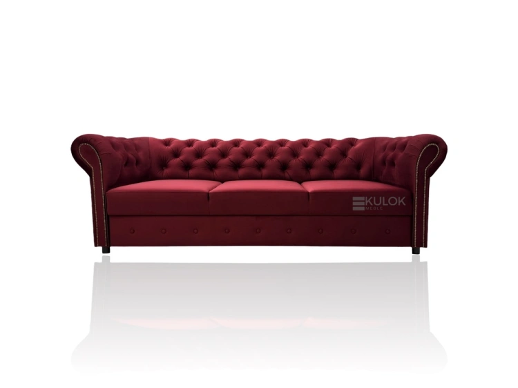 Bordowa sofa Chesterfield Monaco 225 cm z funkcją spania i pojemnikiem - Kulok Meble