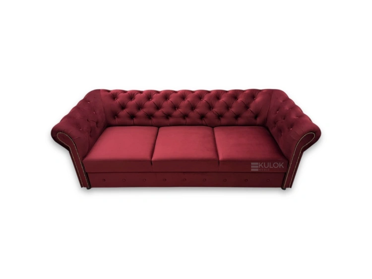 Komfortowa bordowa sofa z funkcją spania model Chesterfield Monaco