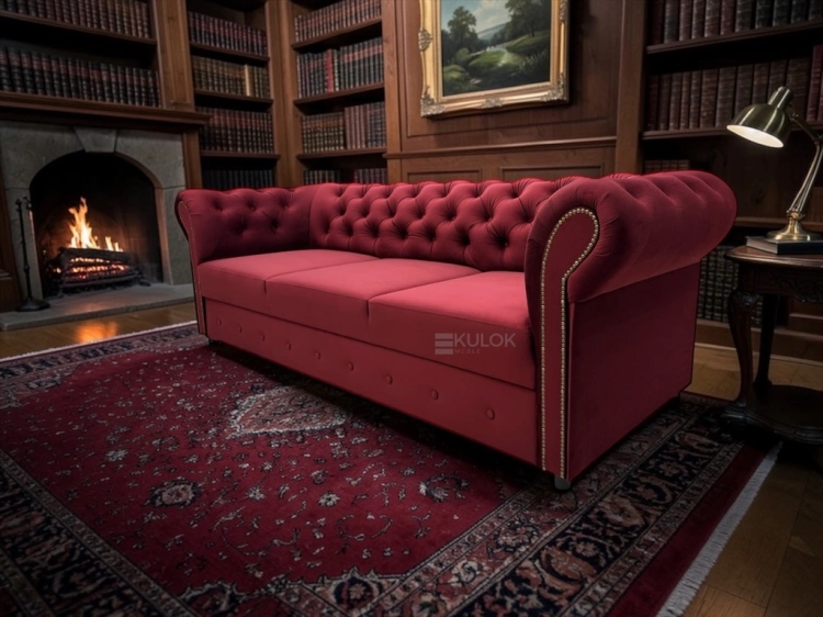Luksusowa bordowa sofa Chesterfield Monaco zaaranżowana w eleganckim wnętrzu salonu