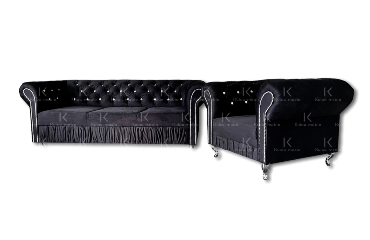 Czarny Fotel Glamour Chesterfield z Sofą - Pikowany zestaw wypoczynkowy z Kryształkami i Efektem Marszczenia