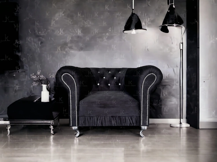 Czarny Fotel Glamour Chesterfield Ludwik  - Pikowany Kryształkami srebro  Fresh 17 Velvet z efektem marszczenia