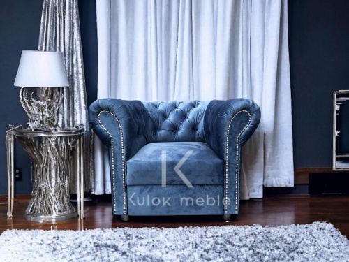 Tapicerowany Fotel Unikatowy w ciemnoniebieskim Magic Velvet 2203, Ciemnoniebieski Chesterfield tradycyjny w salonie glamour porady na wnętrza.