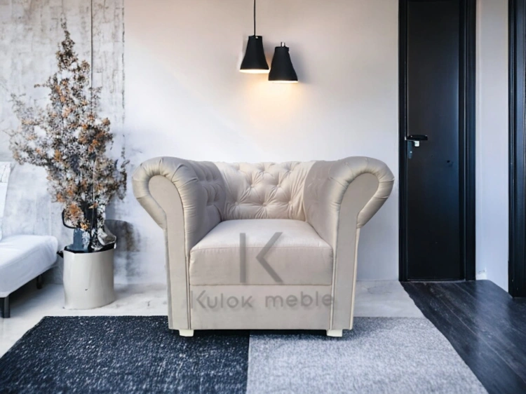 Chesterfield klasyczny fotel w salon nowoczesny ciemno-beżowy biały. Klasyczny pikowany jednoosobowy fotel welur.