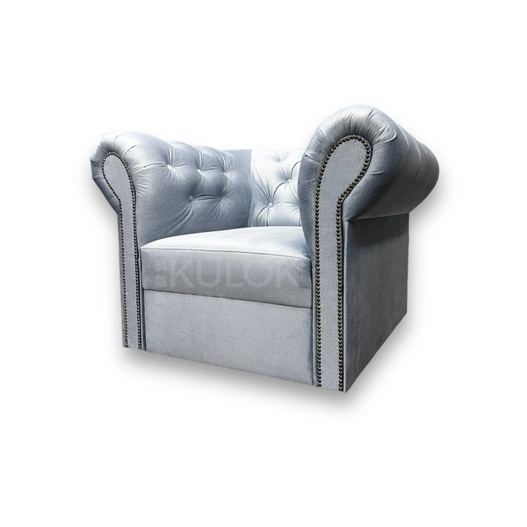 Chesterfield Fotel Błękitny Velvet - Monolith 72, Stare Złoto, Listwy Włoskie, Mały Fotel do Salonu