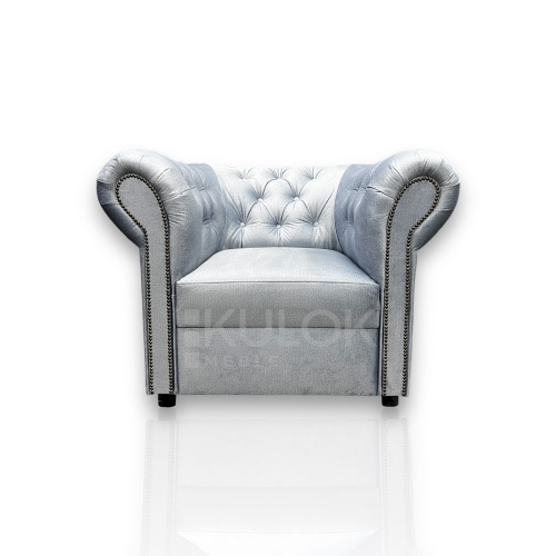 Mały Fotel Welur Chesterfield - Błękitny Velvet, Monolith 72, Listwy Włoskie, Guziki Ręcznie Robione