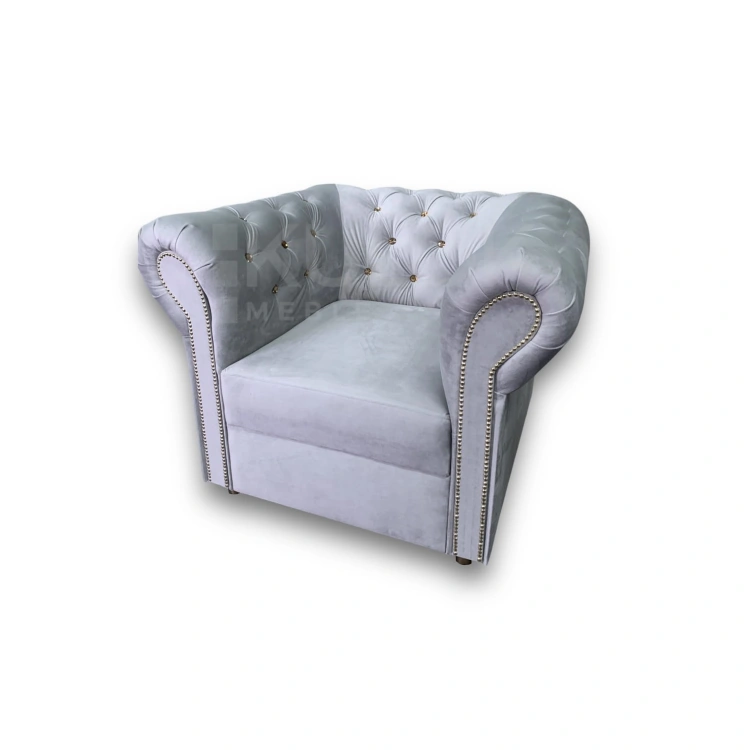 Szary Fotel Chesterfield Prestige 2770 - Glamour z Kryształkami Złotymi - Najnowszy Trend
