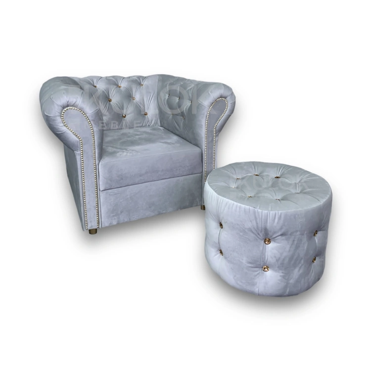 Zestaw Mebli Glamour Chesterfield - Fotel Szary Prestige 2770 z Kryształkami Złotymi i Pufa Okrągła Pikowana