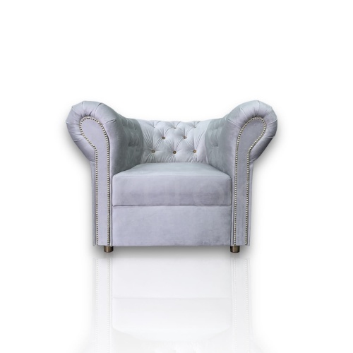 Luksusowy Fotel Pikowany w Glamour Chesterfield - Szary Prestige, Kryształki Złote