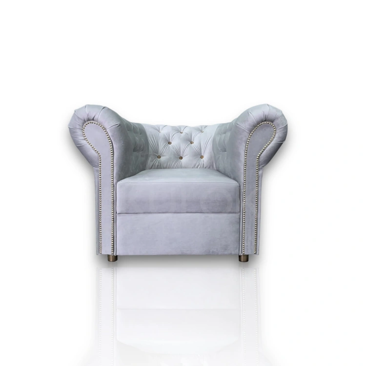 Luksusowy Fotel Pikowany w Glamour Chesterfield - Szary Prestige, Kryształki Złote