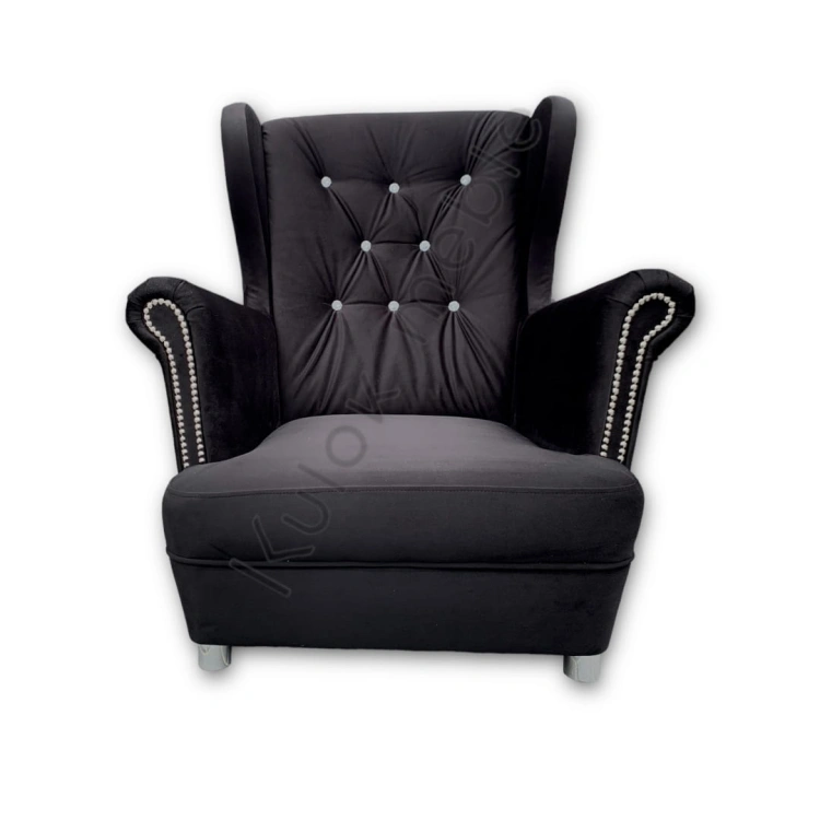 Pikowany Fotel Uszak Elegance w Grafitowym Velvet - Nowoczesny Design z Kryształkami Swarovski