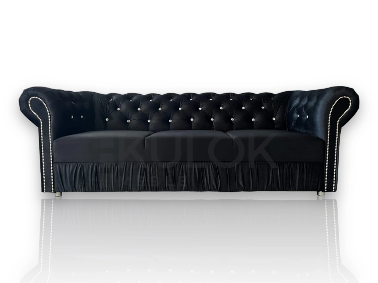Chesterfield z Czarnym Welurem - Pikowana Sofa Kanapa