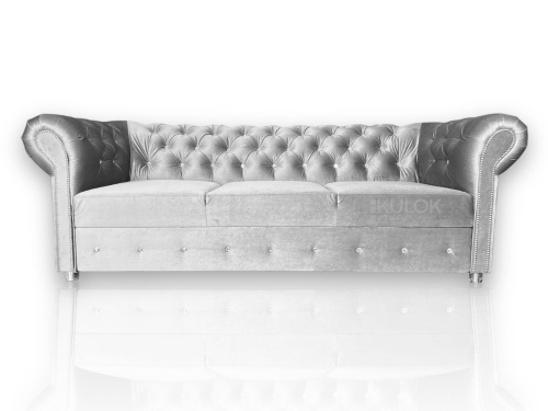 Sofa Chesterfield Silver z Pikowaniem Opiarcia i Kryształkami diemenickmai w Wyjątkowej Tkaninie Ikoo 19