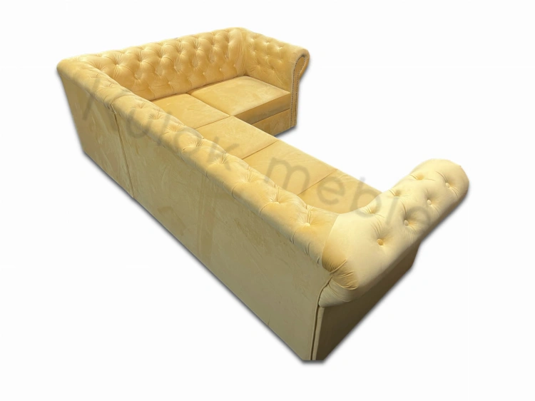 Klasyczny Chesterfield - Pikowany Narożnik Żółty Magic velvet guziki na oparciu.