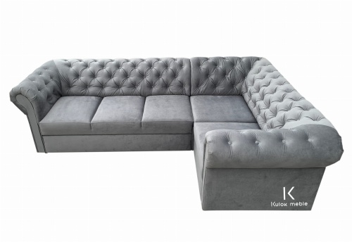 Klasyczny Chesterfield - Narożnik z Guzikami w Szarym Welurze
