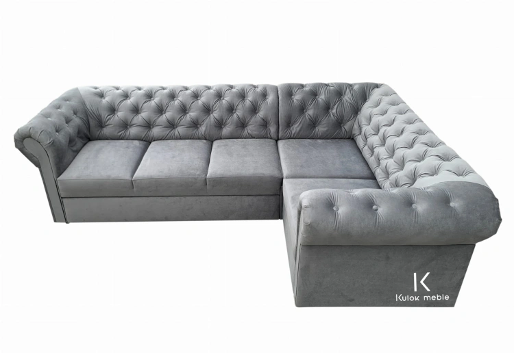 Klasyczny Chesterfield - Narożnik z Guzikami w Szarym Welurze