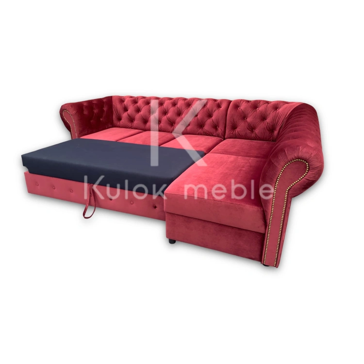 Elegancki Narożnik Chesterfield na Zamówienie - Pikowany Koralowy Welur z funkcja spania typu delfin