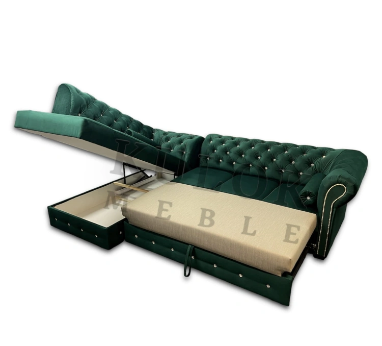 Zamów Narożnik Chesterfield w Sklepie Glamour Kulok Meble z funkcją spania i pojemnikiem na pościel.