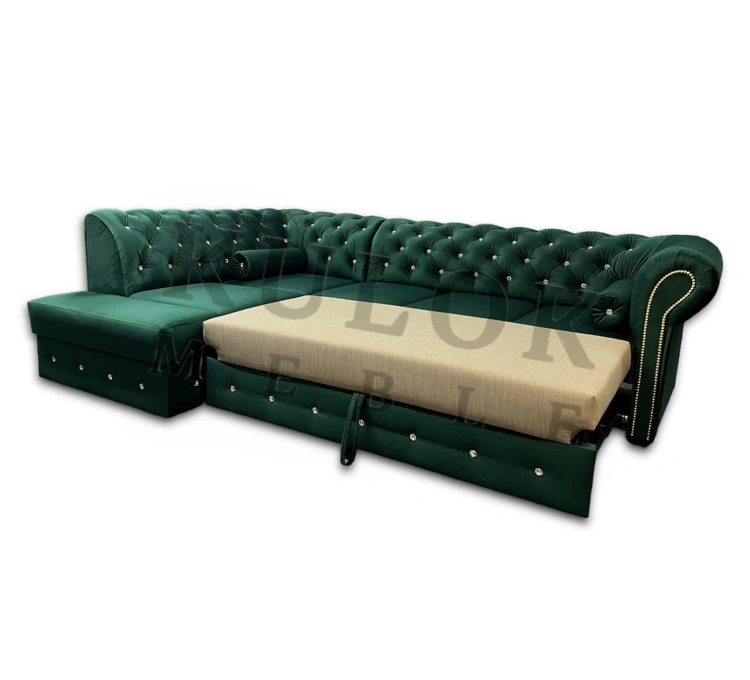 Rozkładany Narożnik Chesterfield z funkcją spania typu delfin.