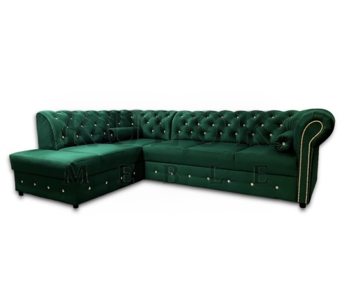 Narożnik Chesterfield Dubai Bis z Kryształkami Swarovski w zielonej tkaninie magic velvet 2225