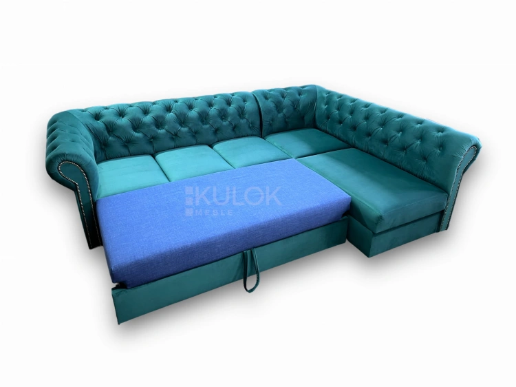 Narożnik Chesterfield pikowany turkusowy z funkcją spania delfin prawostronny.