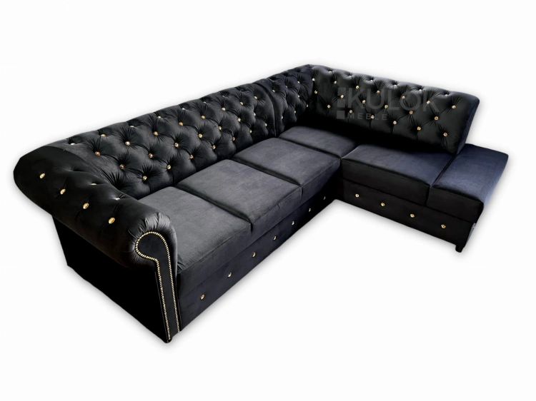Czarny Narożnik Chesterfield na Wymiar - producent mebli tapicerowanych typu chesterfield