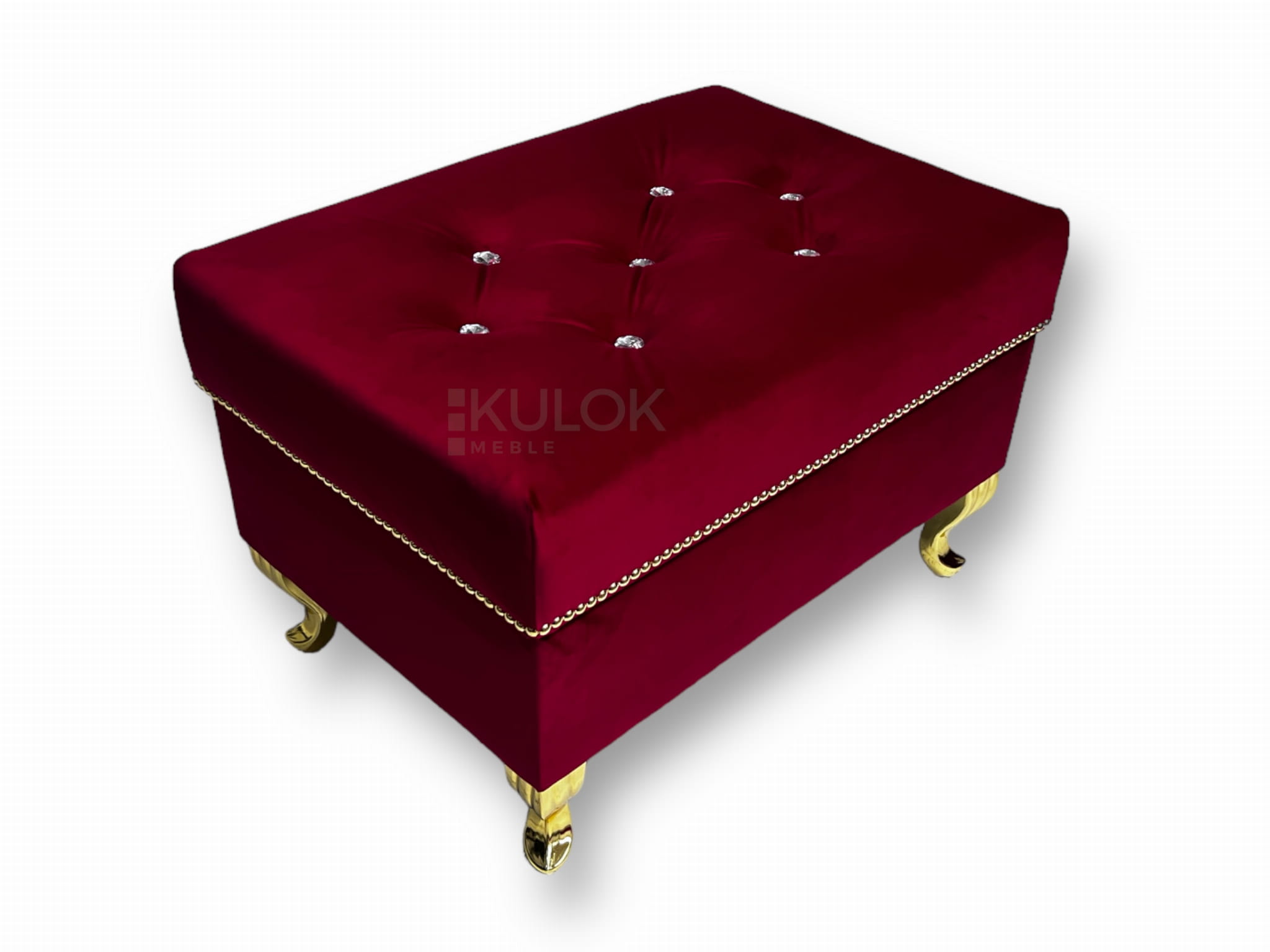 Elegancki Podnóżek Chesterfield Glamour ze schowkiem i złotymi dodatkami - purpurowa czerwień Magic Velvet 2267 