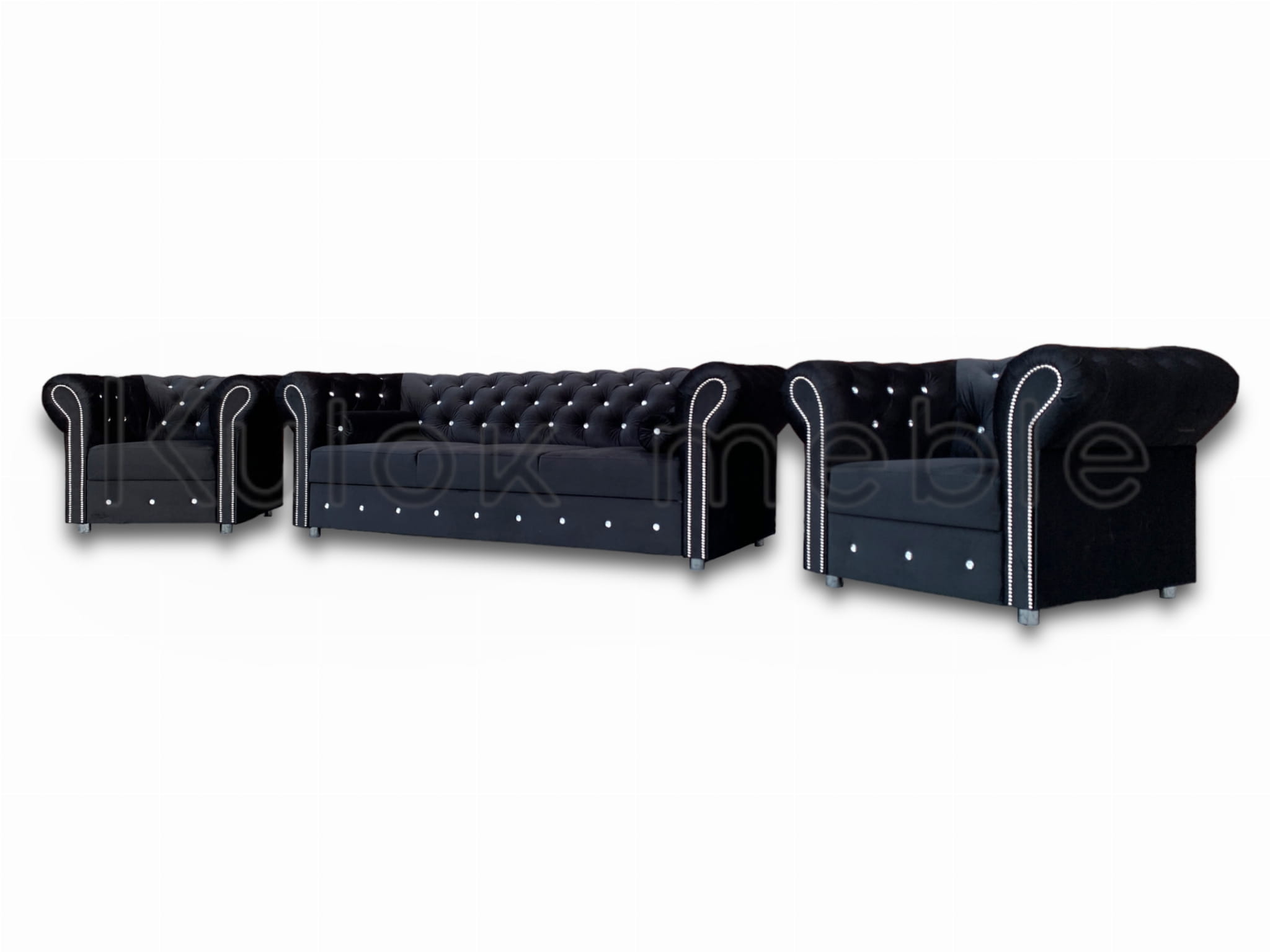 Zestaw Chesterfield Glamour Sofa 3os i x2 Fotel Chesterfield Czarny Magic Velvet 2219