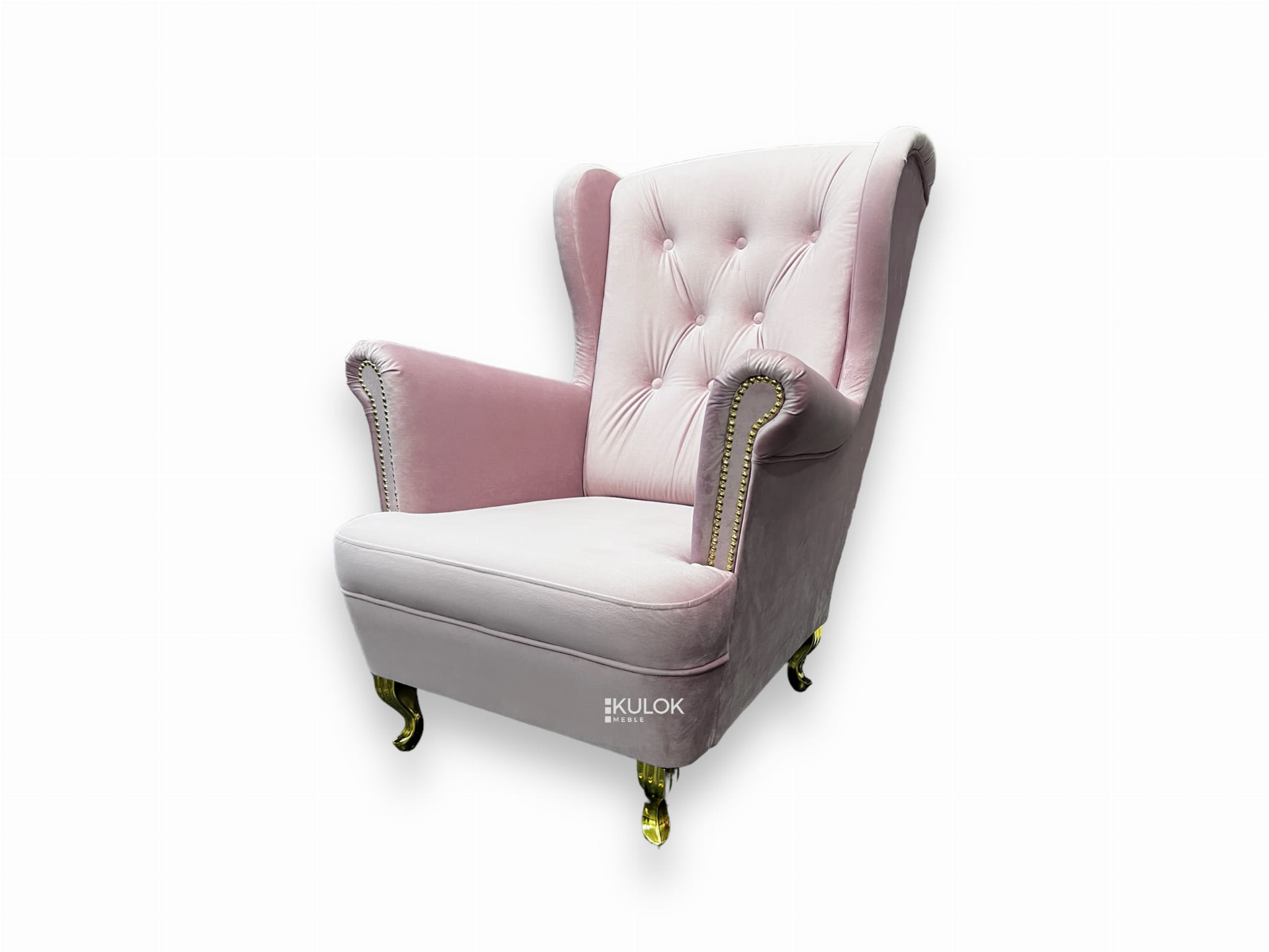 Uszak Fotel Glamour różowy welur Magic Velvet 2269 złote dodatki ćwieki nogi ludwik chrom złoty  