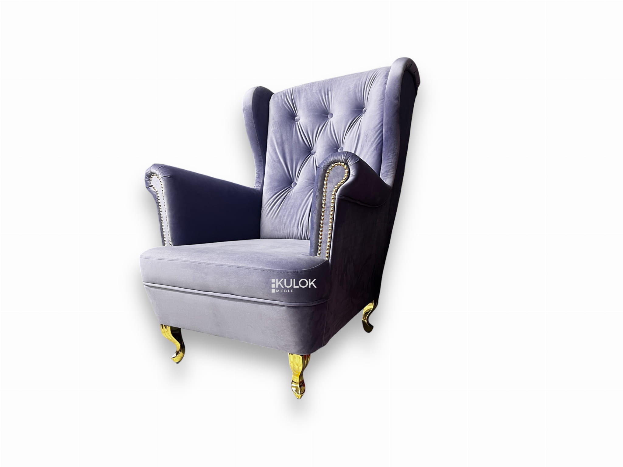 Elegancki Fotel Uszak klasyczny jednoosobowy pikowany Glamour fioletowy jasna lawenda welur Magic Velvet 2248 złote nogi ludwik ćwieki 